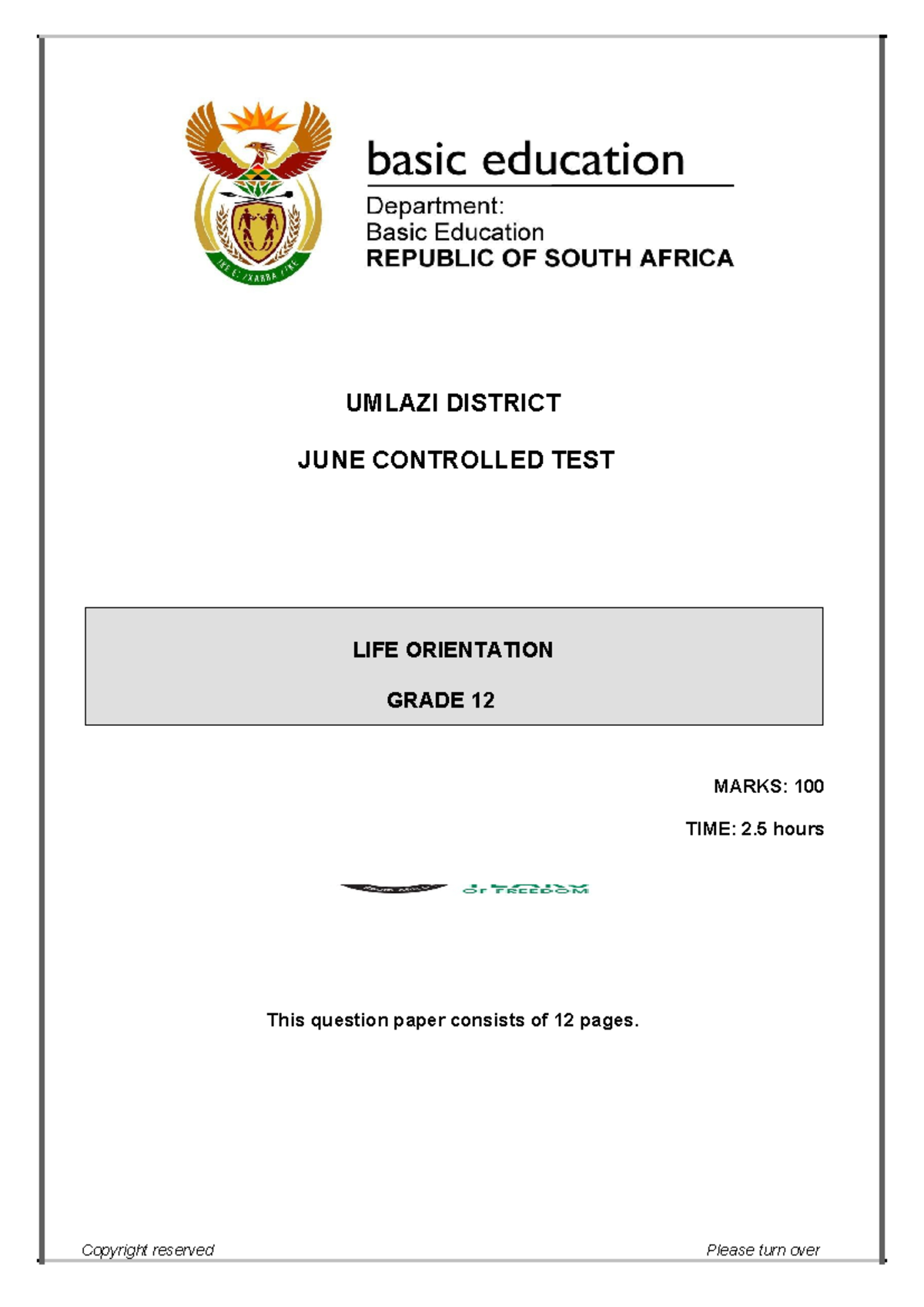 Grade 12 life orientation paper june 2024 umlazi district june