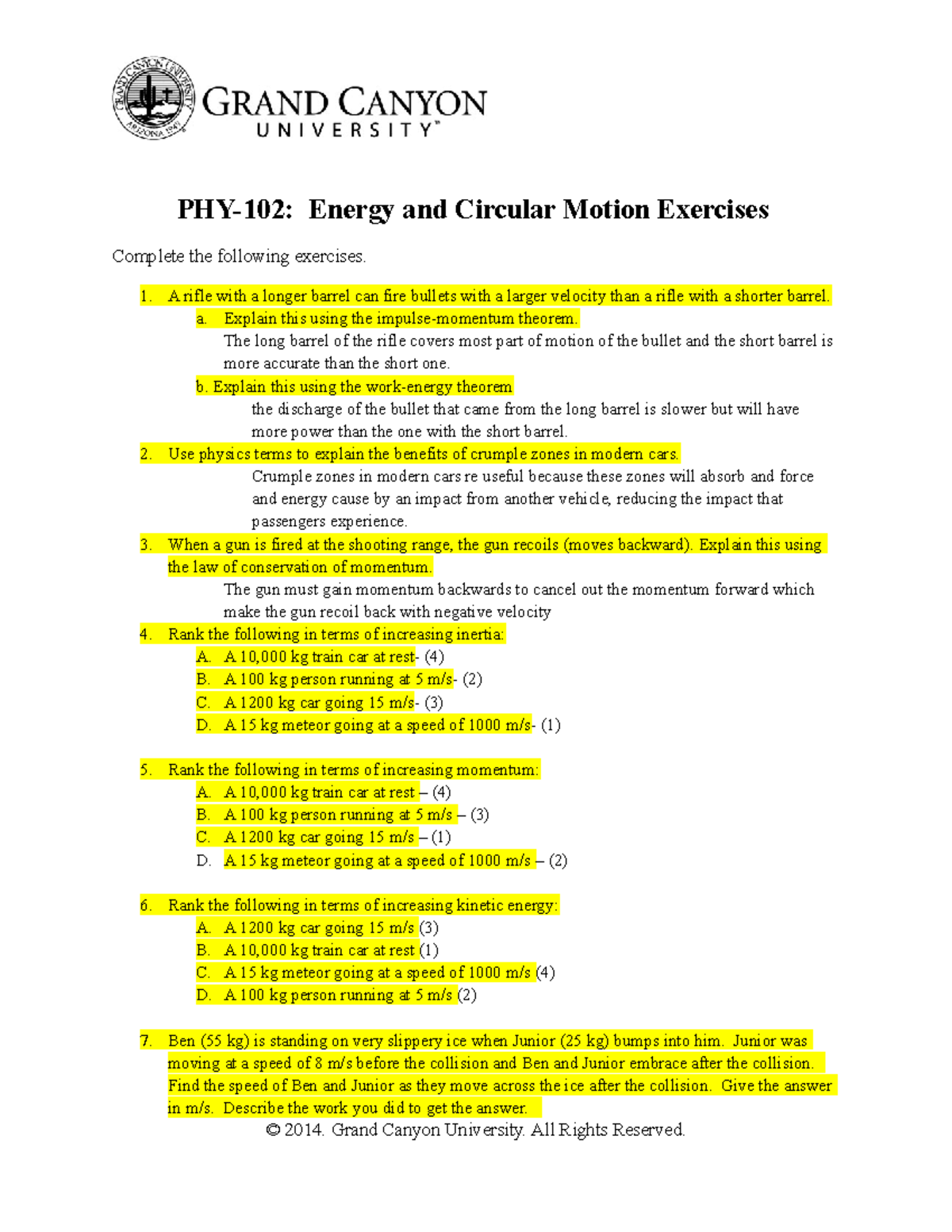 PHY-102 Energyand Circular Motion Exercises - PHY-102: Energy And ...