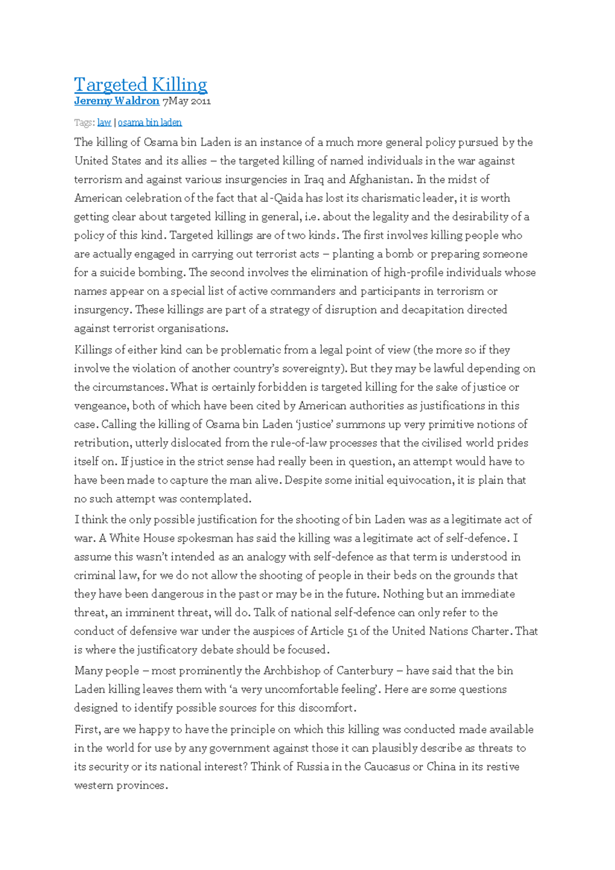 USE of Force targetteed Killing article - Targeted Killing Jeremy ...