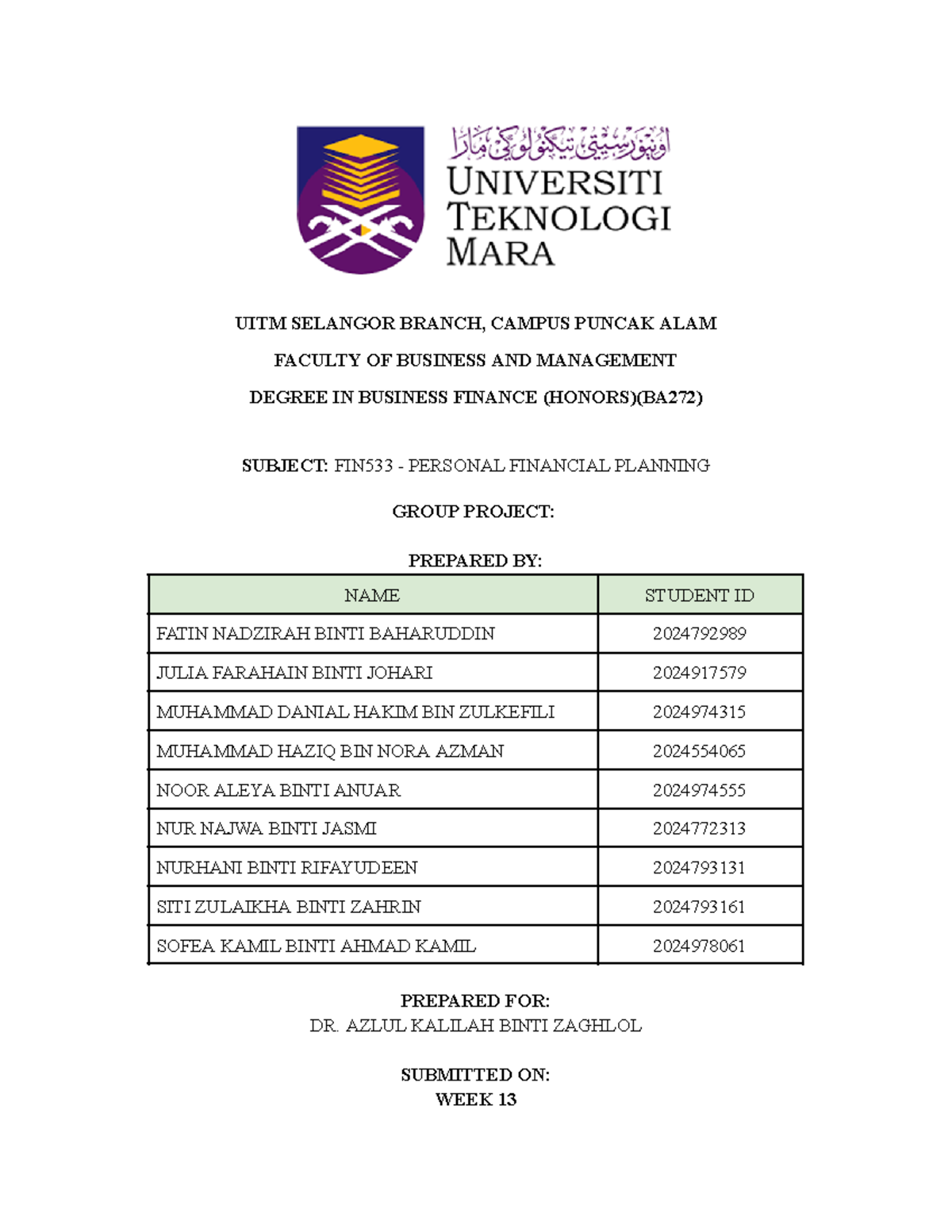 FIN533 Group Assignment - UITM SELANGOR BRANCH, CAMPUS PUNCAK ALAM ...