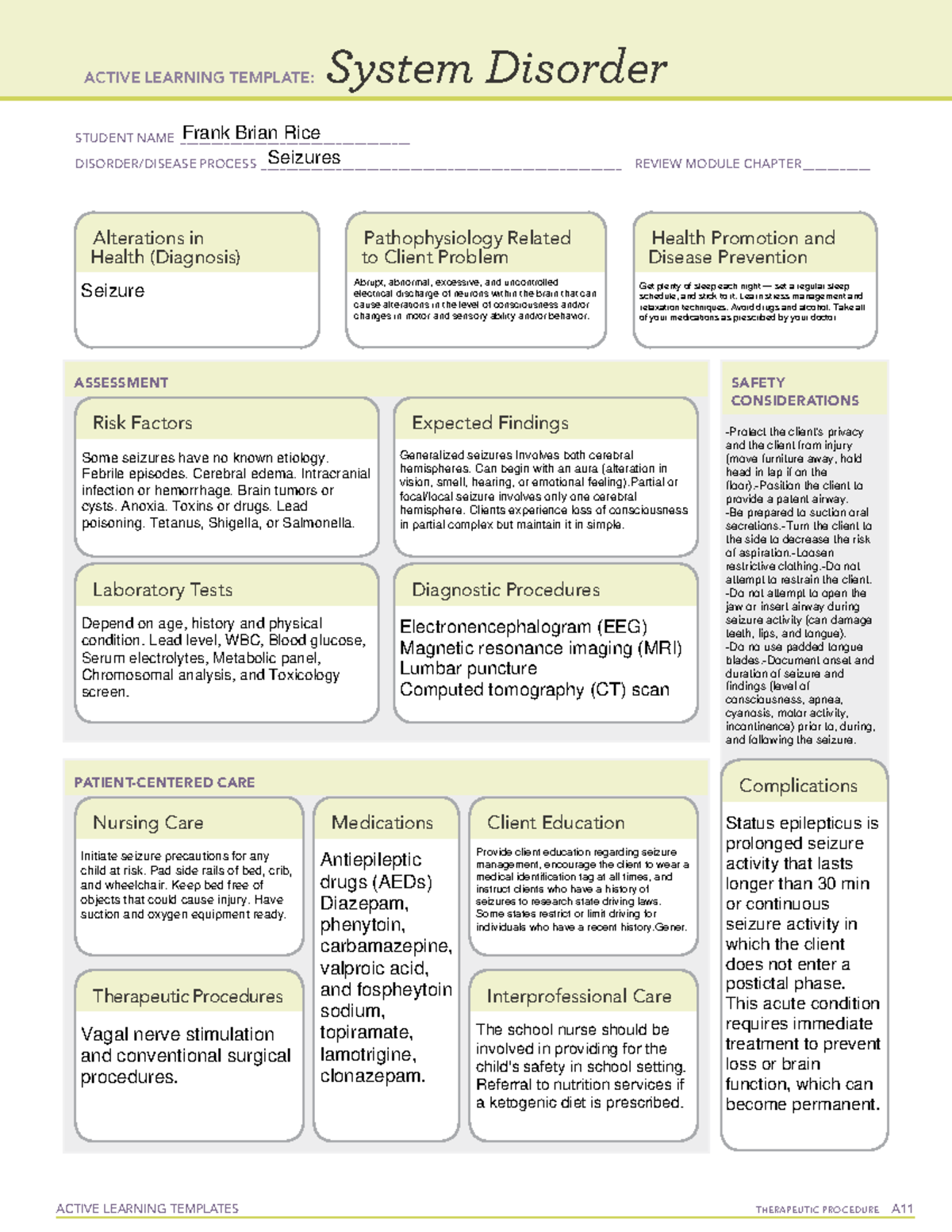 Seizure - Ati remediation - ACTIVE LEARNING TEMPLATES THERAPEUTIC ...