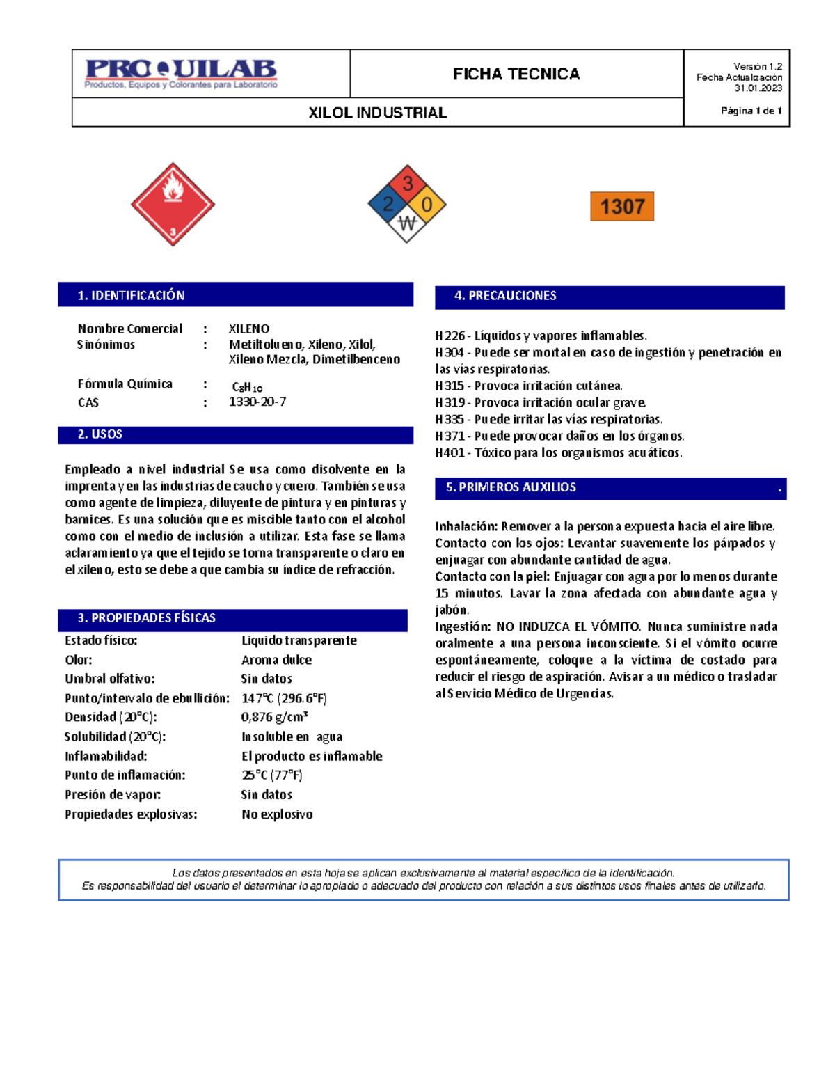 Ficha Tecnica Xilol - procedimiento - FICHA TECNICA Versión 1. Fecha ...