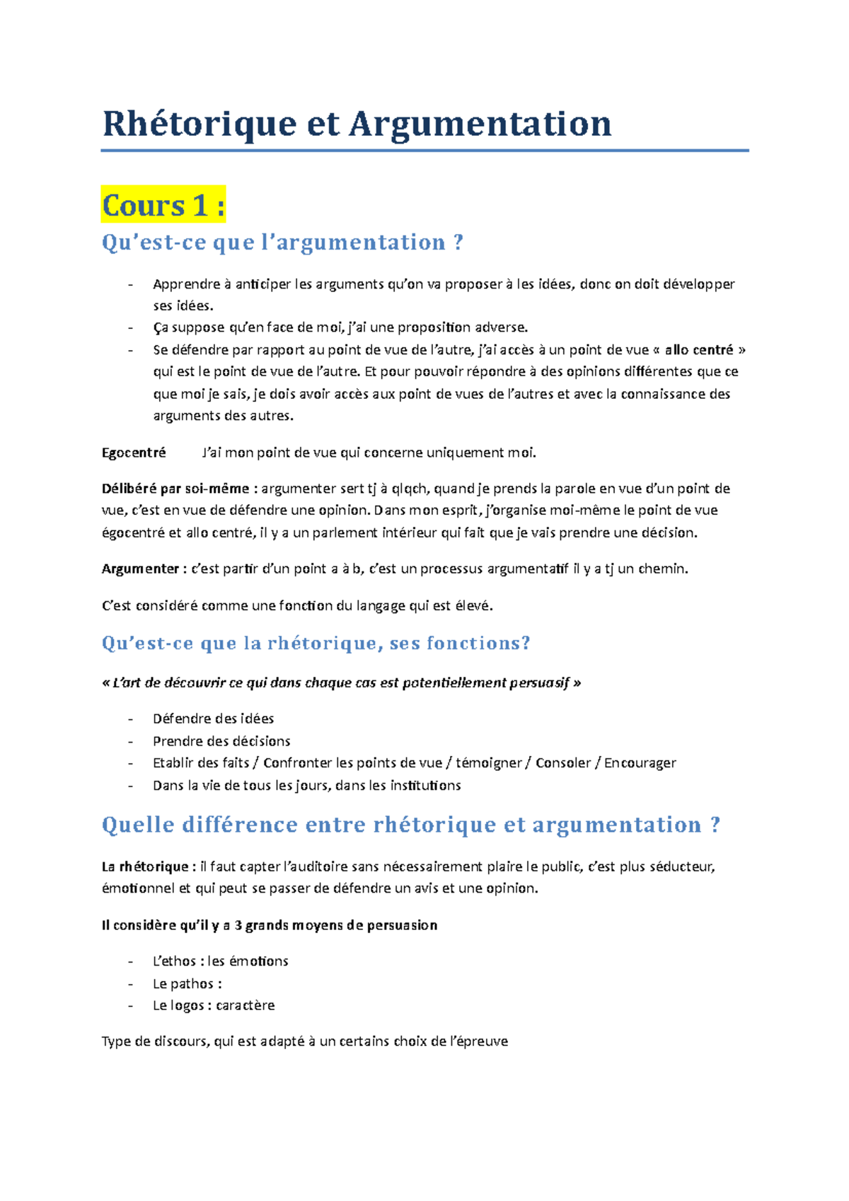 Rhétorique et Argumentation Rhétorique et Argumentation Cours 1 Qu’estce que l