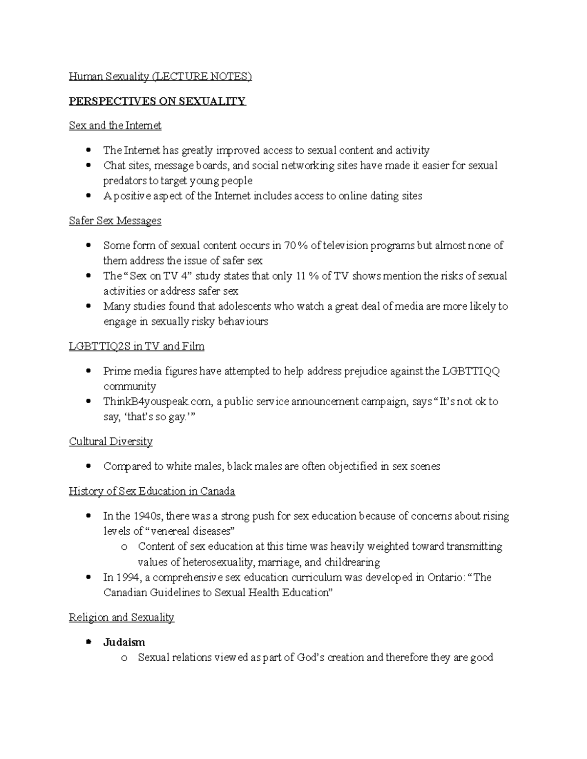 Human Sexuality Perspectives On Sexuality Week 1 Lecture Notes