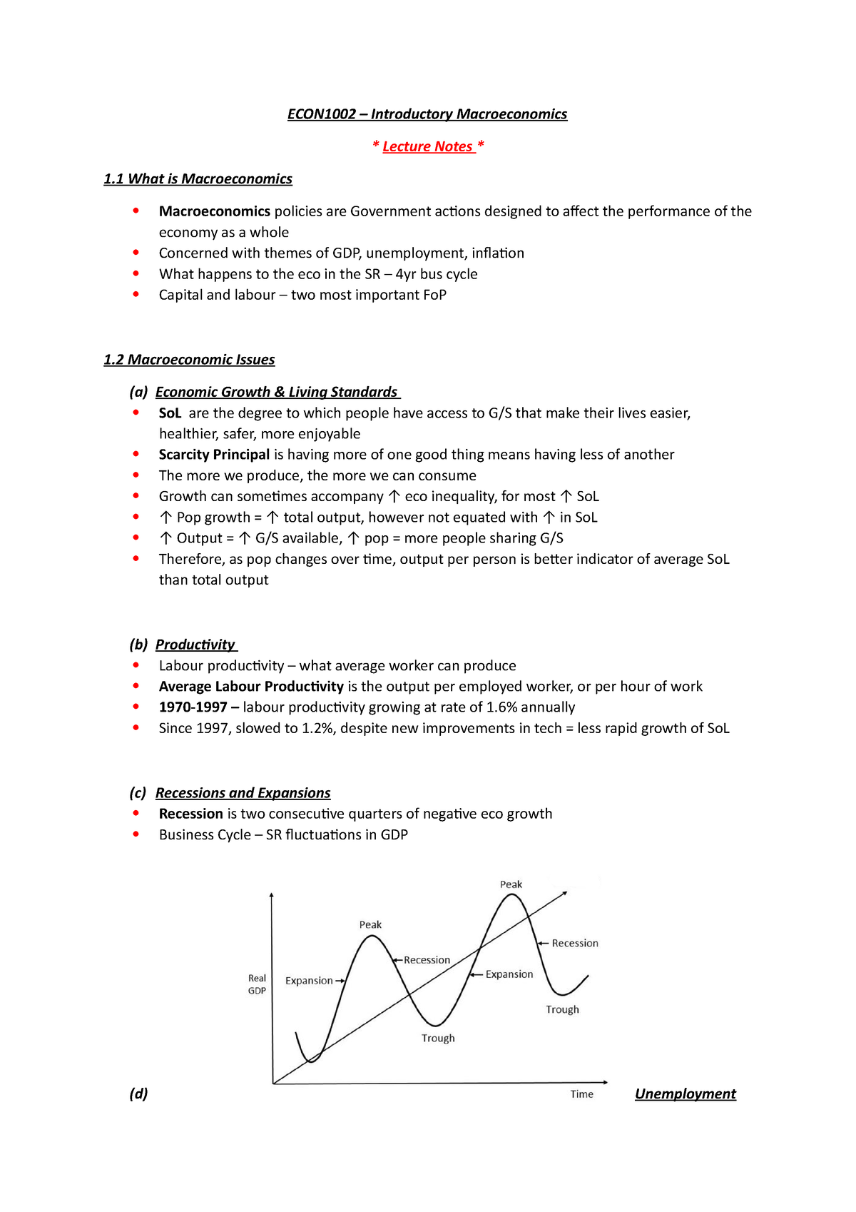 ECON1002 Notes - ECON1002 – Introductory Macroeconomics * Lecture Notes ...