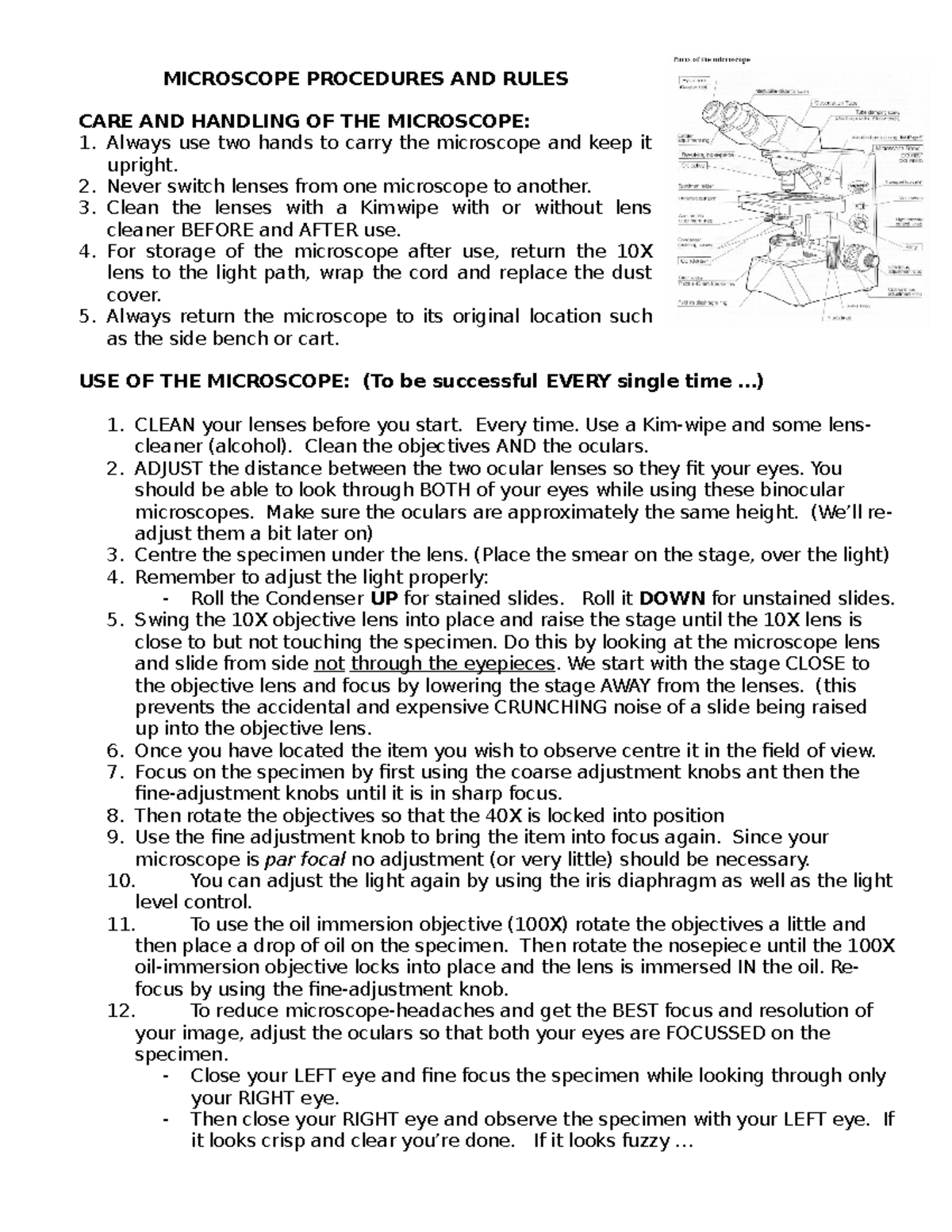 Microscope Procedures AND Rules MICROSCOPE PROCEDURES AND RULES CARE