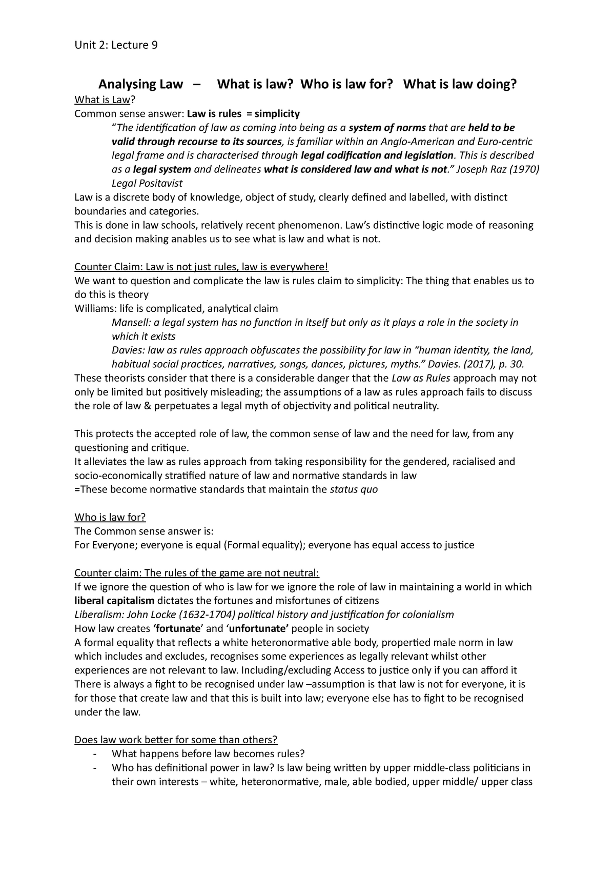 Analysing Law Lecture Unit 2 Lecture 9 Analysing Law What Is Law 