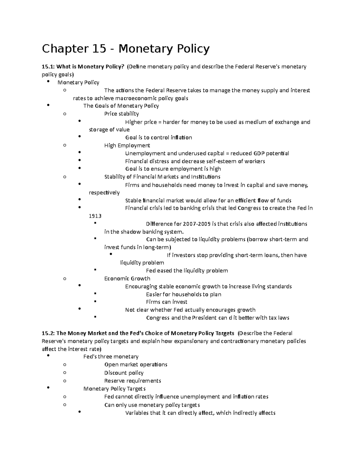 Summary - 'Macroeconomics' (5th Edition), Chp 15 - Monetary Policy ...