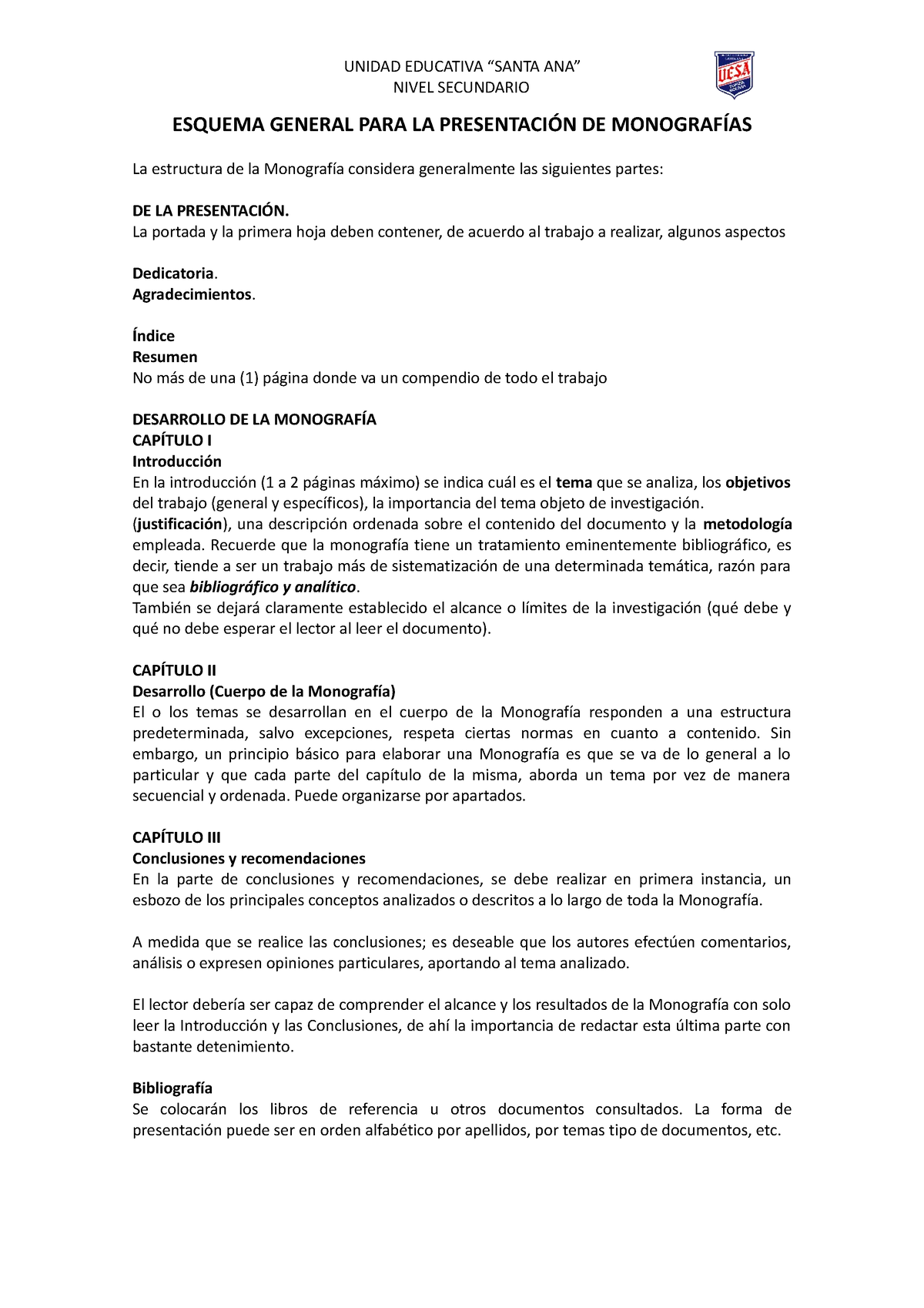 Esquema General PARA LA Presentación DE Monografías - NIVEL SECUNDARIO ...