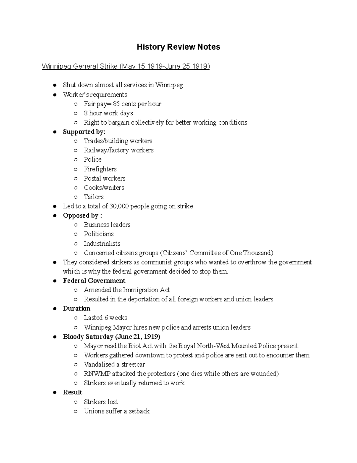 History Notes - History Review Notes Winnipeg General Strike (May 15 ...