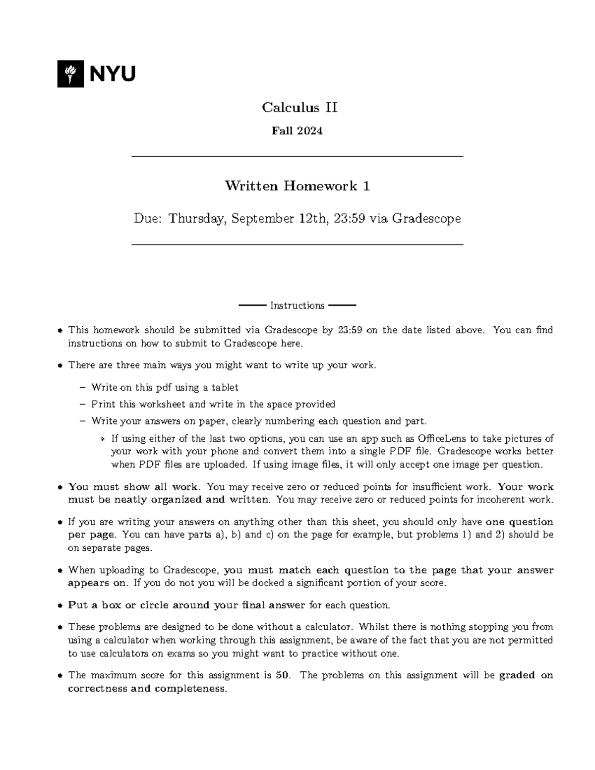 HW1Calc2 - homework 1 - Calculus II Fall 2024 Written Homework 1 Due ...