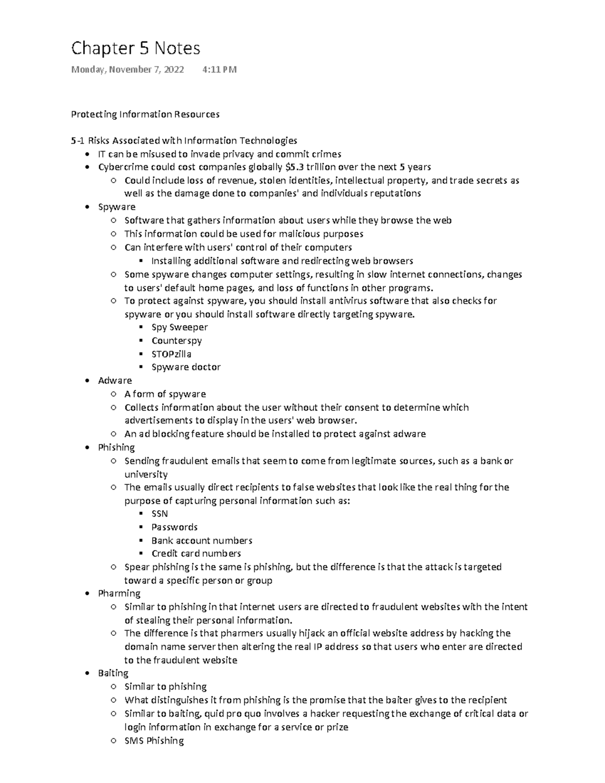 BIS Chapter 5 - Protecting Information Resources 5-1 Risks Associated ...