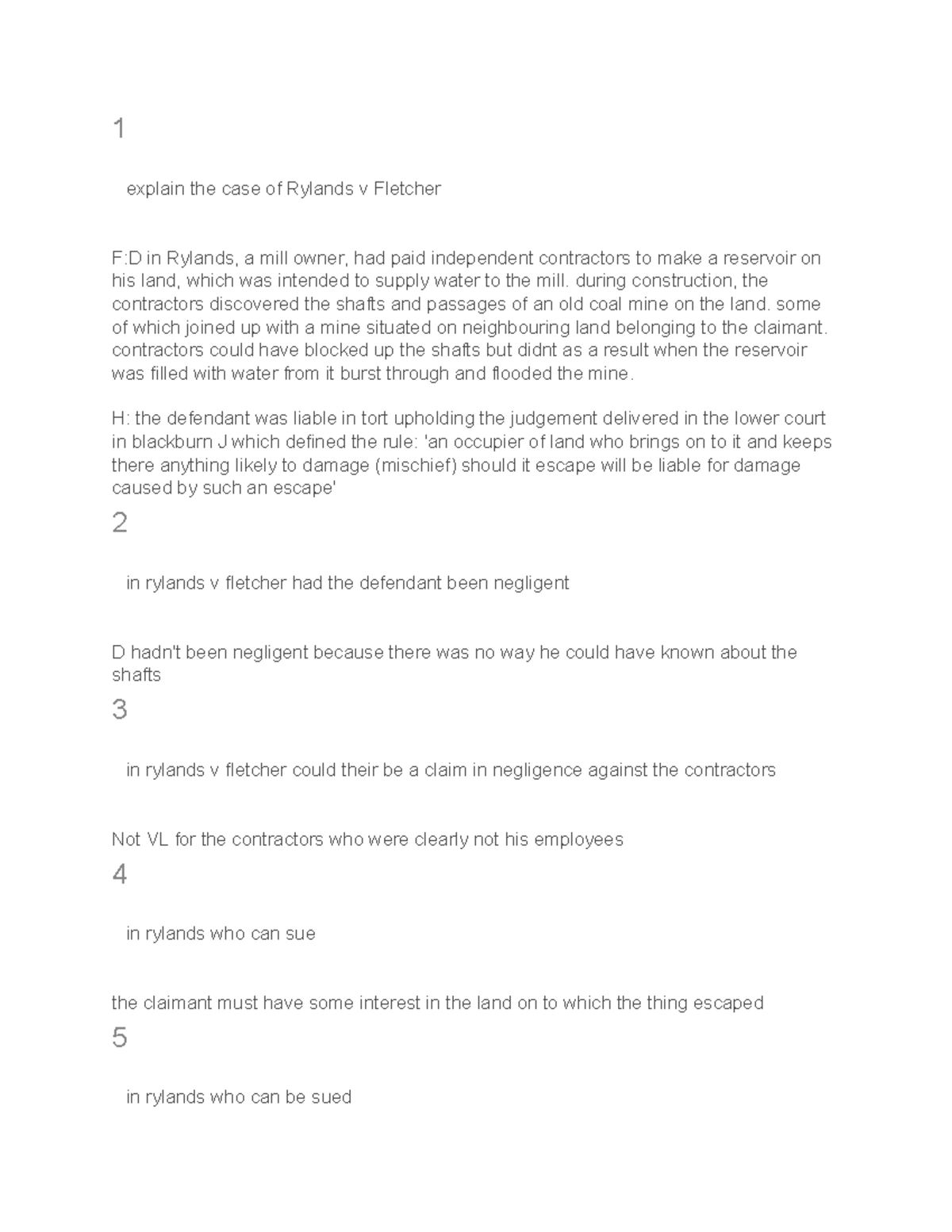 notes notes notes - 1 explain the case of Rylands v Fletcher F:D in ...