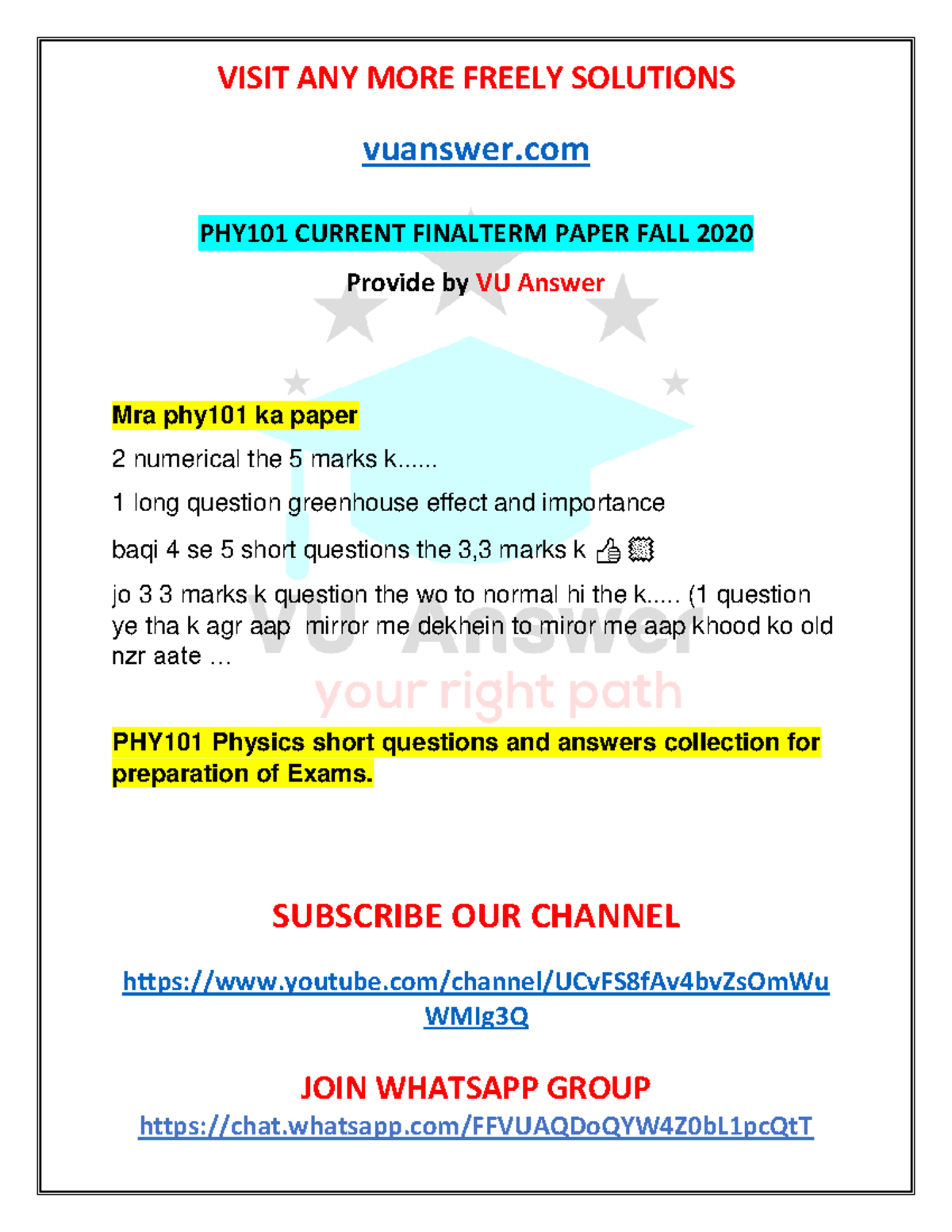 Phy101 Current 2020 Final Paper By Vu Answer 1 3 Visit Any More Phy101 Current 2020 Final Paper By Vu Answer 1 3 Visit Any More