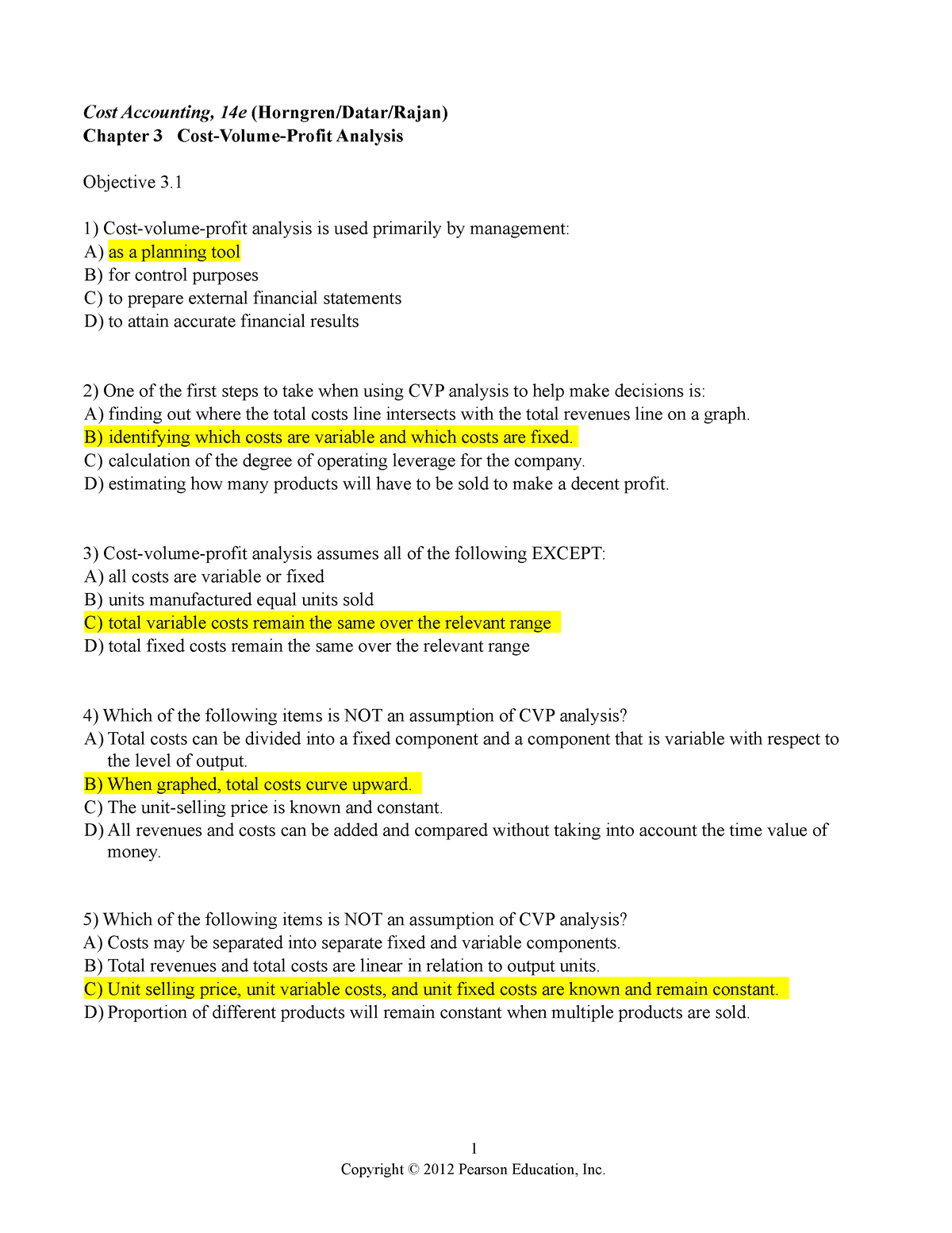 Ch03 Cost Volume Profit Analysis - Cost Accounting, 14e (Horngren/Datar ...