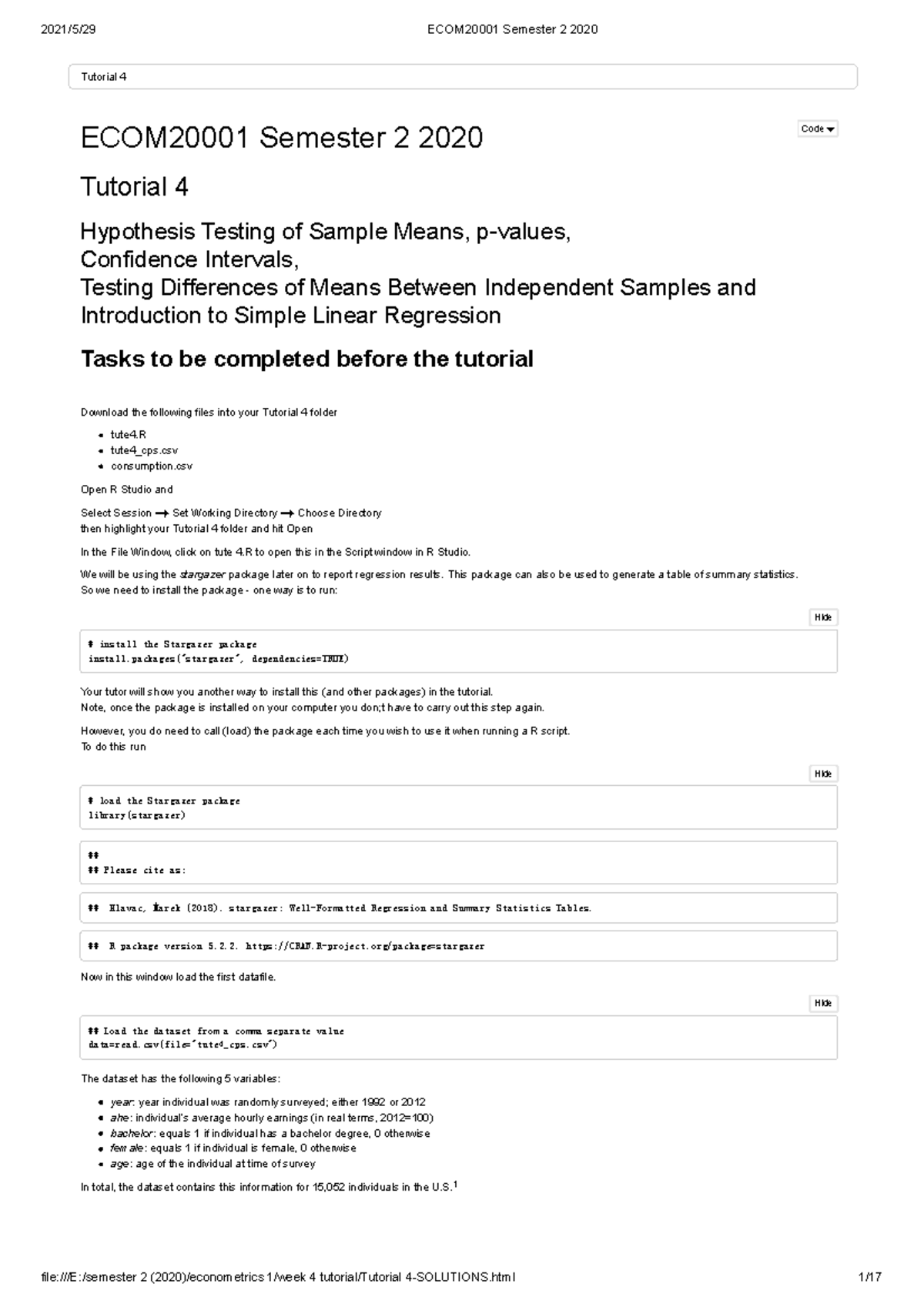 Lecture & tutorial 4 summary notes - ECOM20001 Semester 2 2020 Tutorial ...