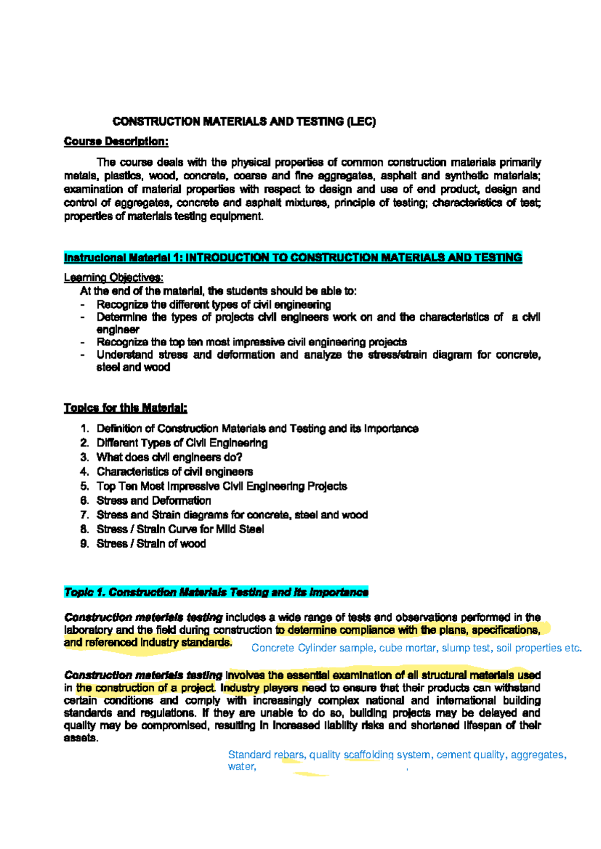 Lecture 1 Construction Materials and Testing - Civil Engineering - Studocu