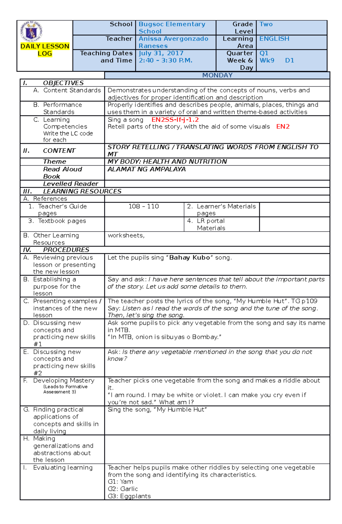 English 2 DLL - Q1 W9 - Lesson Log - DAILY LESSON LOG School Bugsoc ...