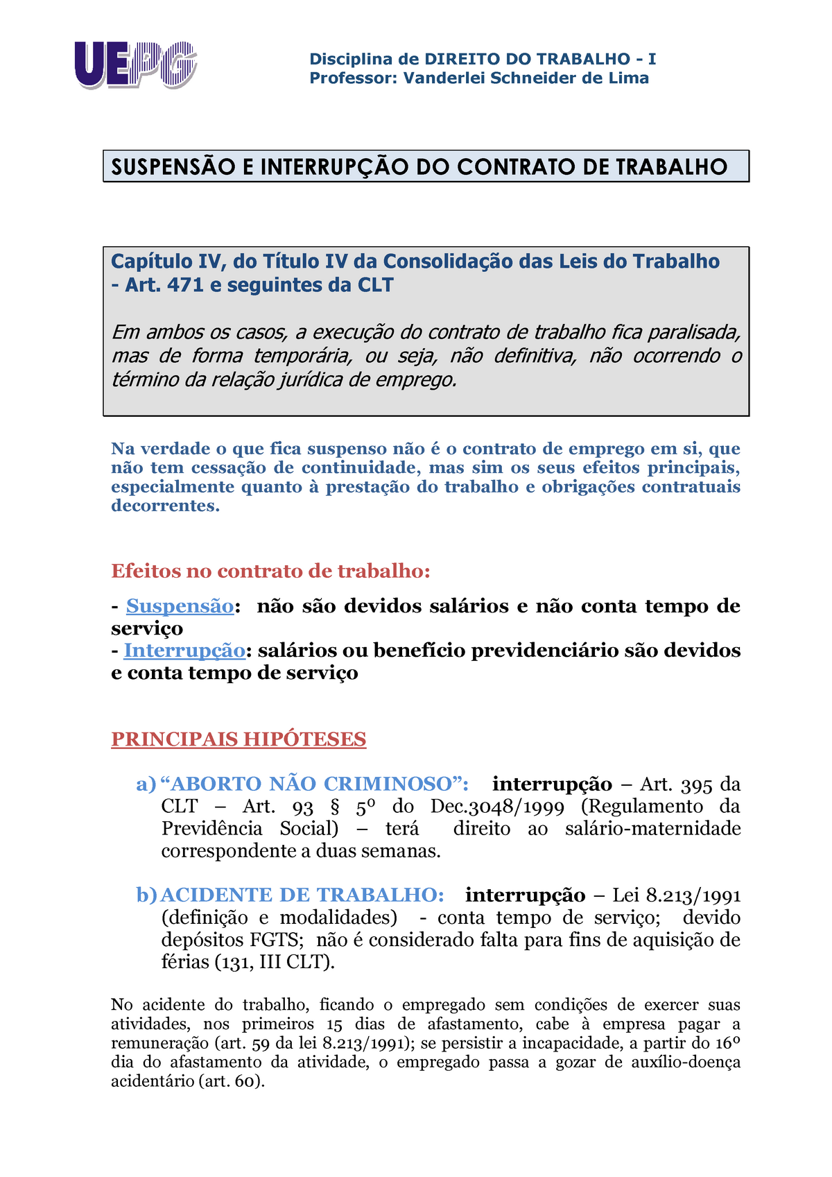 SuspensÃo E InterrupÇÃo Do Contrato De Trabalho Professor Vanderlei Schneider De Lima 2945