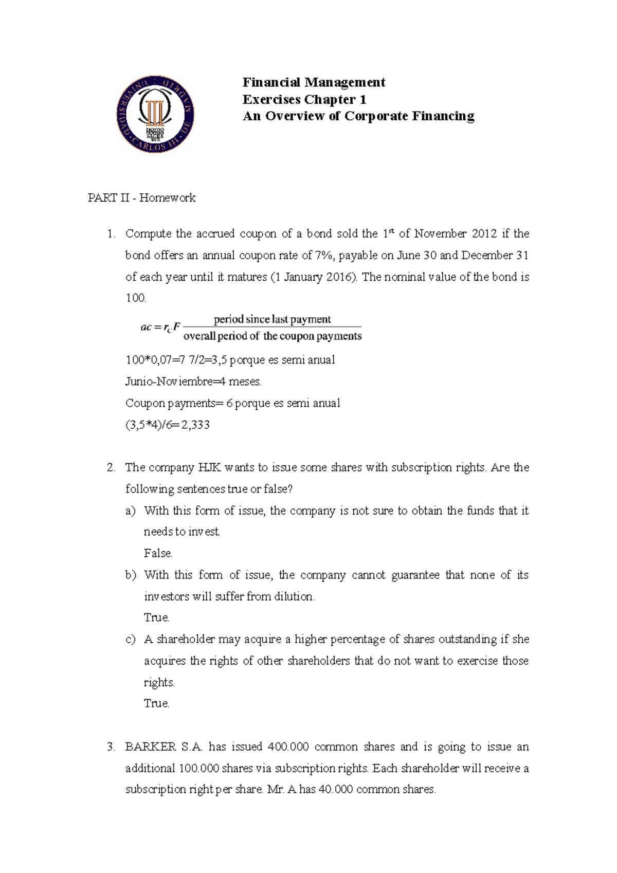 Chapter 1.2 Exercises Homework - Financial Management Exercises Chapter ...
