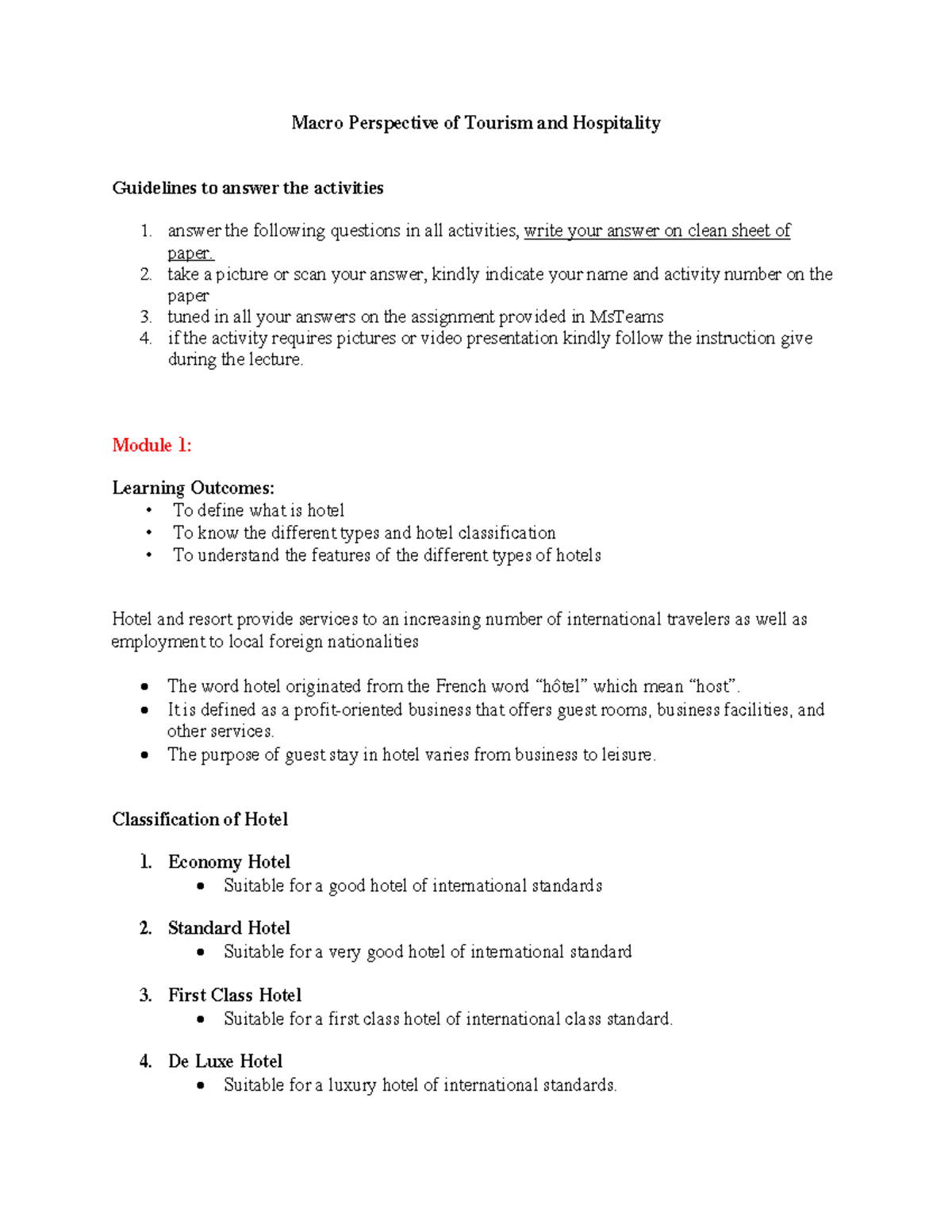 Macro Module - LECTURES - Macro Perspective Of Tourism And Hospitality ...