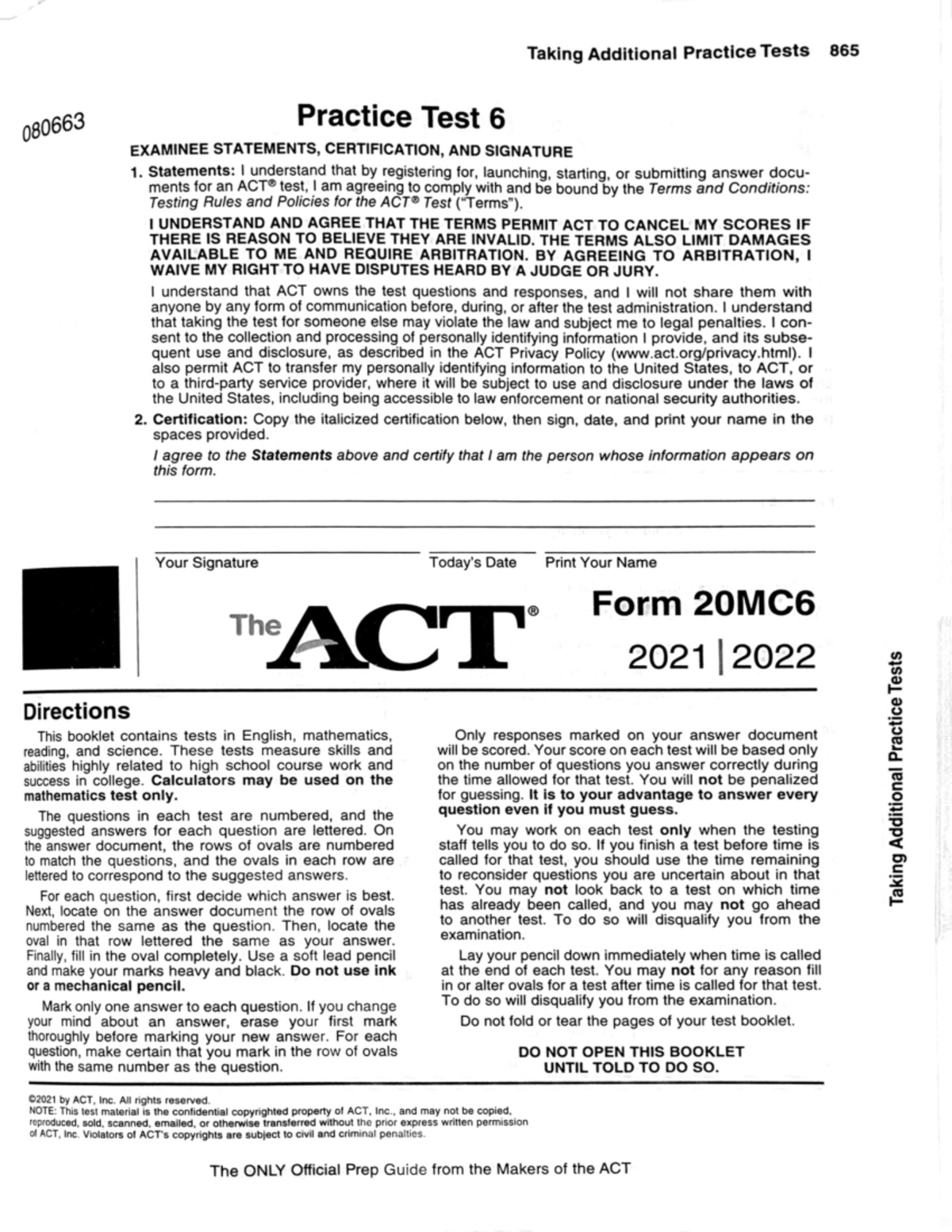 ACT Form 20MC6 Practice ACT Taking Additional Practice Tests 865