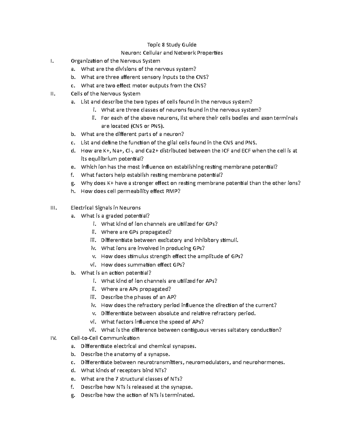 Topic 8 Study Guide - Topic 8 Study Guide Neuron: Cellular and Network ...