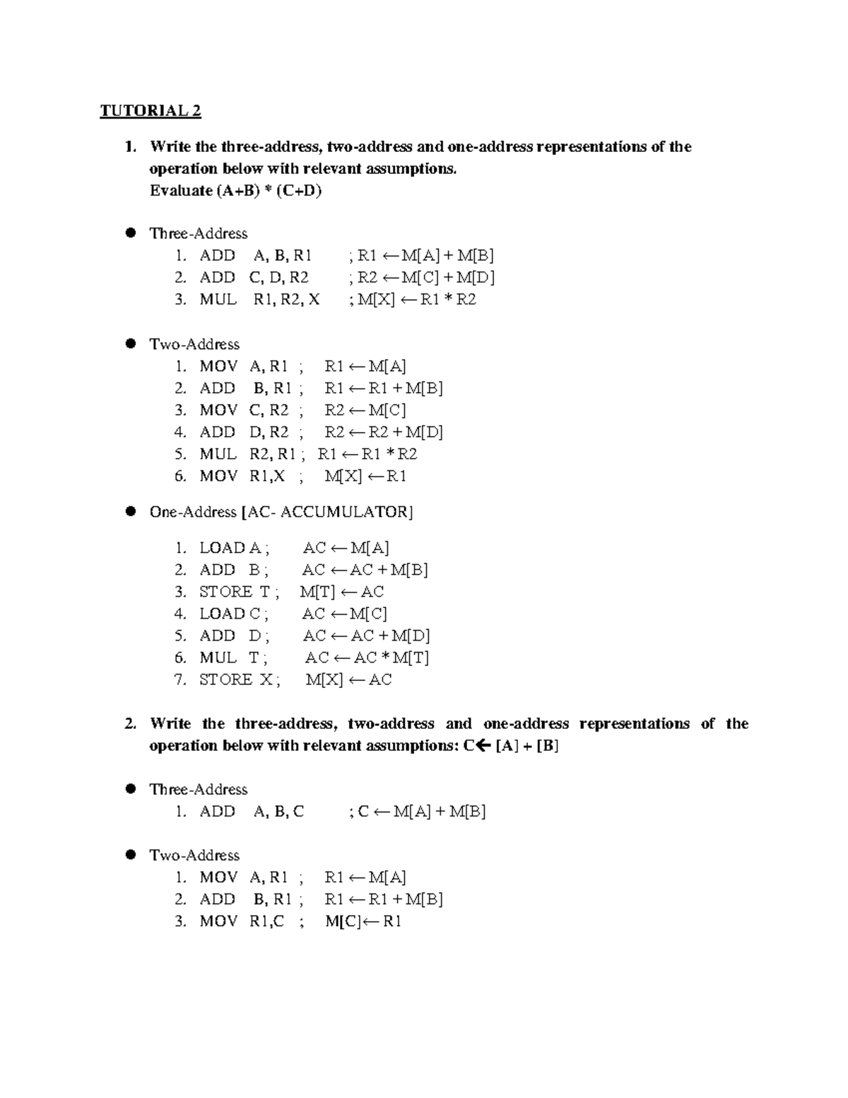 Tutorial 2 QA - TUTORIAL 2 1. Write the three-address, two-address and ...
