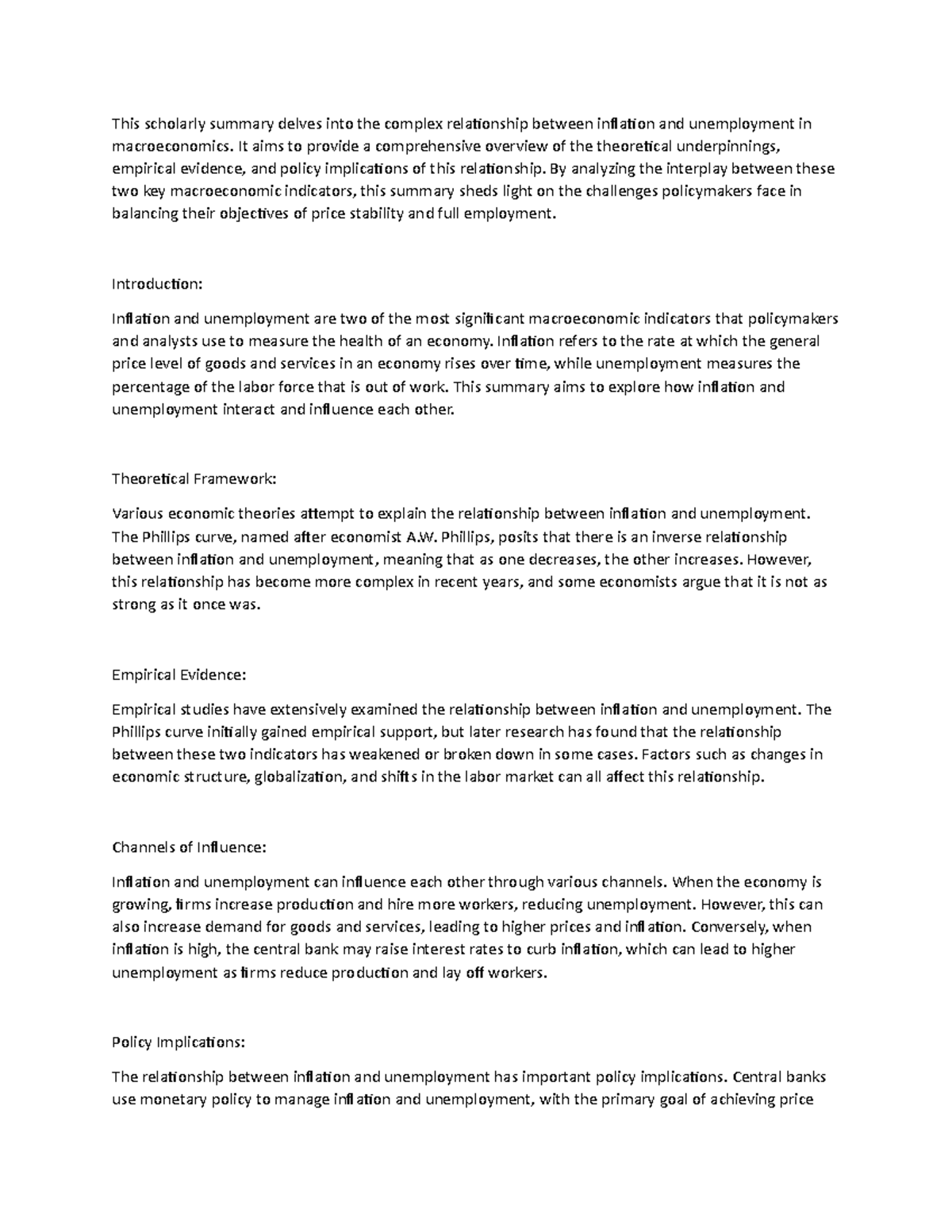 Inflation and Unemployment Summary - This scholarly summary delves into ...