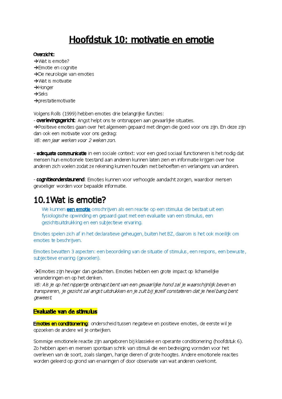 Psychologie Hoofdstuk 10 - Hoofdstuk 10: Motivatie En Emotie Overzicht ...