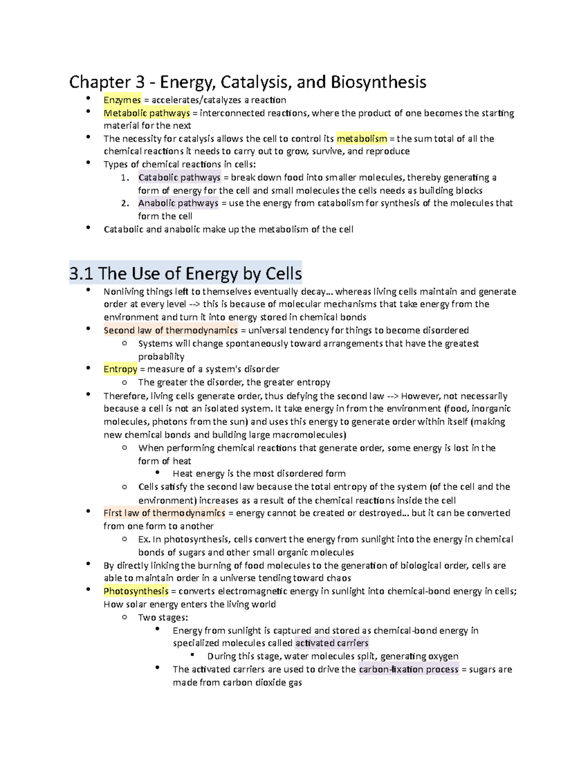 Cell Biology Notes Chapter 3 - Chapter 3 - Energy, Catalysis, And ...