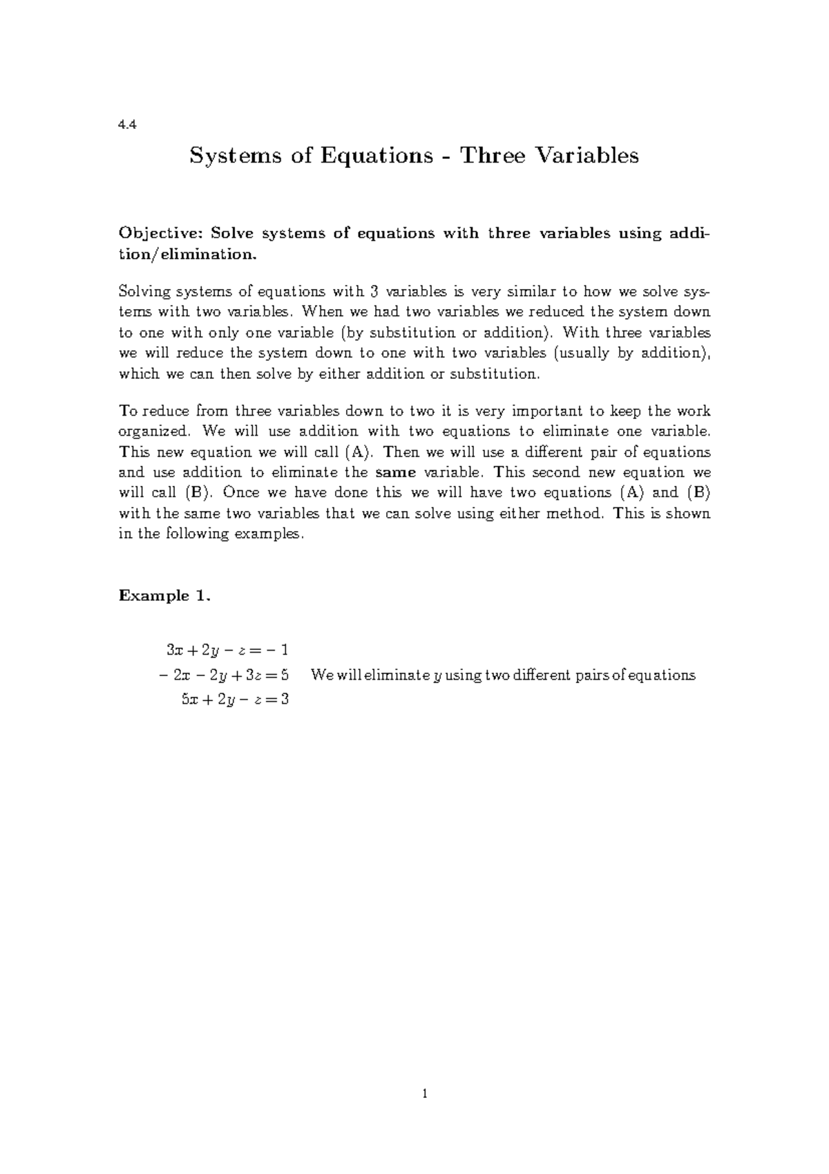 4.4 Three Varaibles - Lecture notes 4.4 - 4 Systems of Equations Three ...