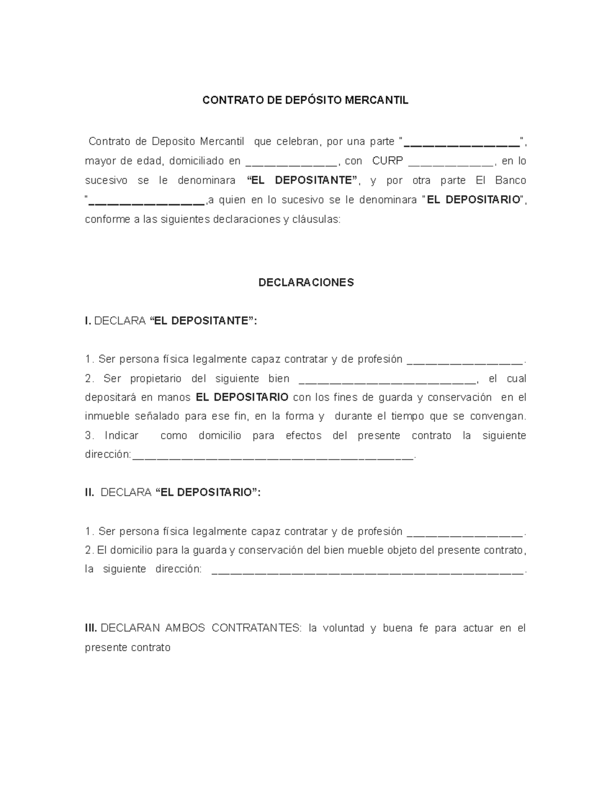 Contrato DE Depósito Mercantil - CONTRATO DE DEPÓSITO MERCANTIL Contrato de  Deposito Mercantil que - Studocu