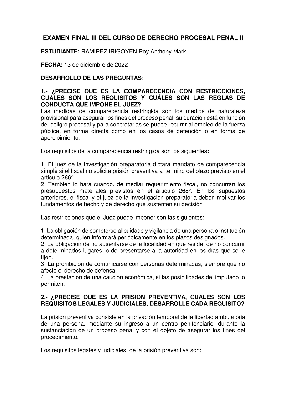 Examen Final III DEL Curso DE Derecho Procesal Penal II - EXAMEN FINAL ...