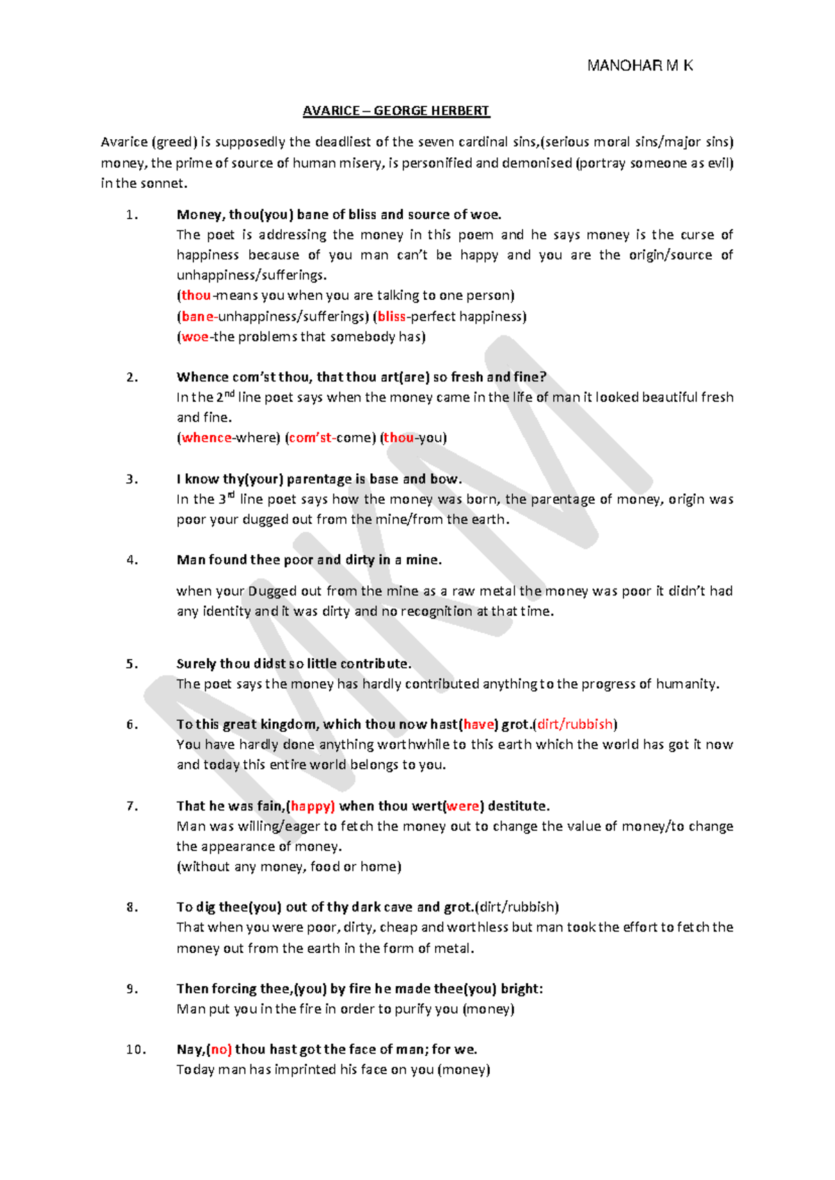 2. Avarice George Herbert - AVARICE – GEORGE HERBERT Avarice (greed) is ...