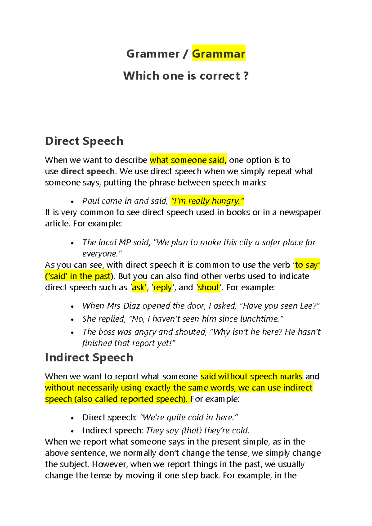 Direct & Indirect Speech - Grammer / Grammar Which one is correct ...