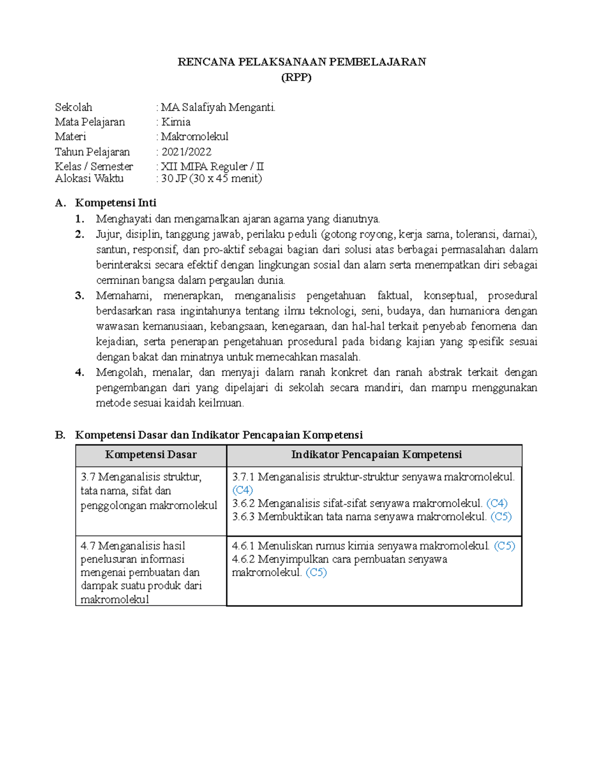 RPP Kimia - Makromolekul - RENCANA PELAKSANAAN PEMBELAJARAN (RPP ...