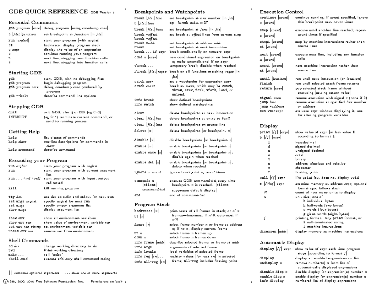 Gdb-refcard - Cheatsheet - GDB QUICK REFERENCEGDB Version 5 Essential ...