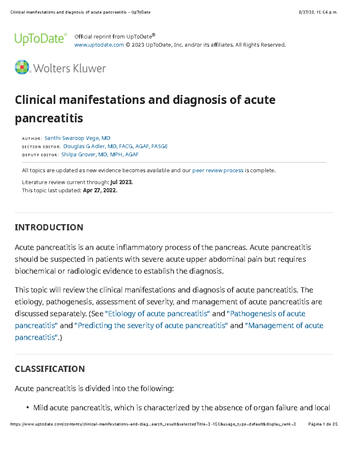 Clinical manifestations and diagnosis of acute pancreatitis Up To