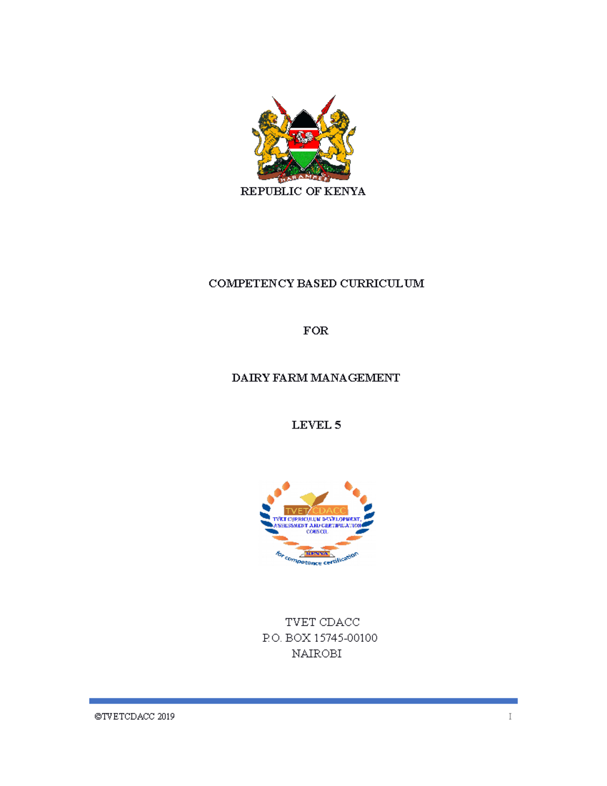 Dairy Farm Management Level 5 Curriculum E REPUBLIC OF KENYA