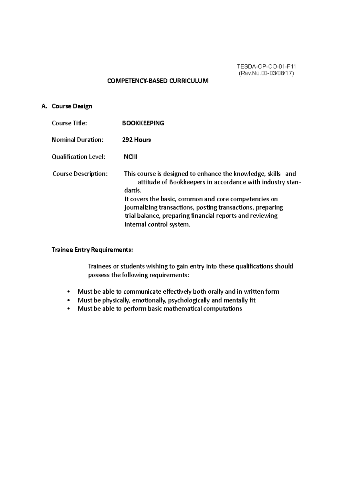 Competency- Based Curriculum ( Bookkeeping NC III)revised - TESDA-OP-CO ...