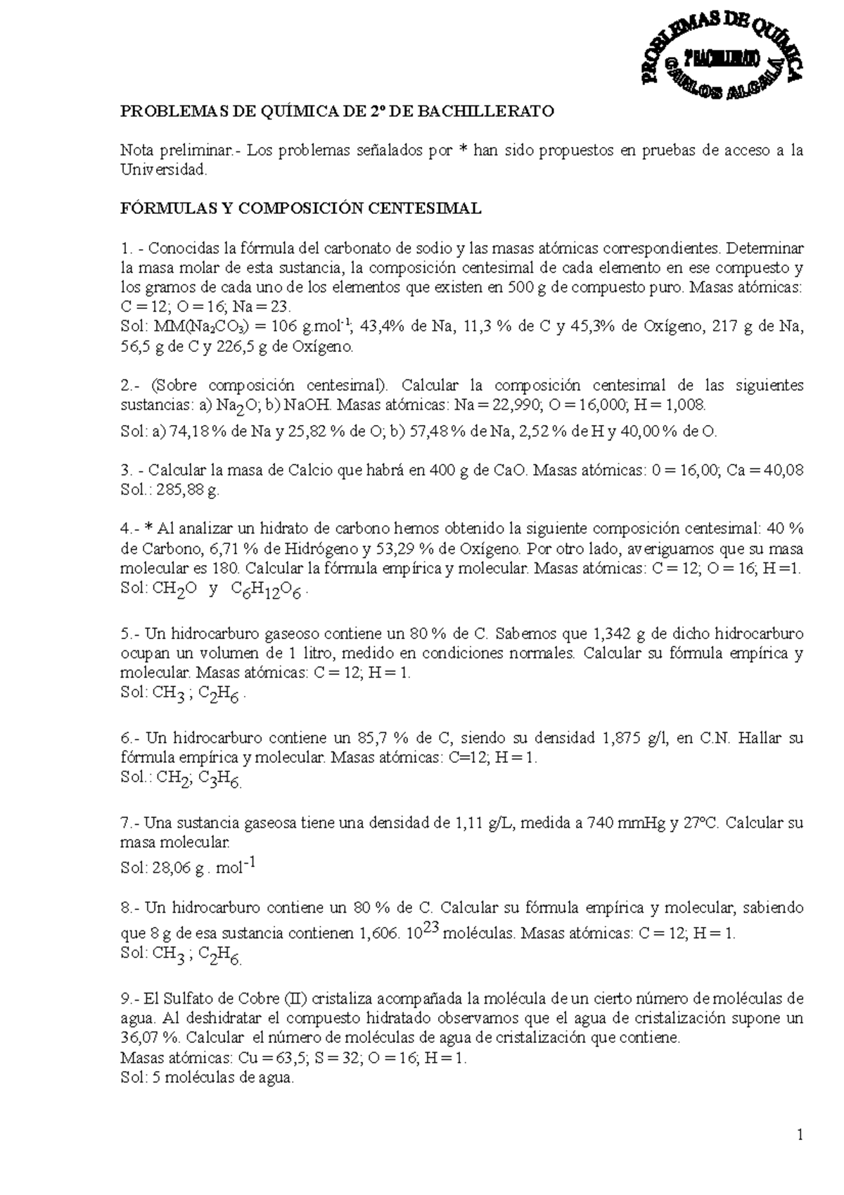 Problemas Quimica 2 Bachillerato - PROBLEMAS DE QUÍMICA DE 2º DE ...