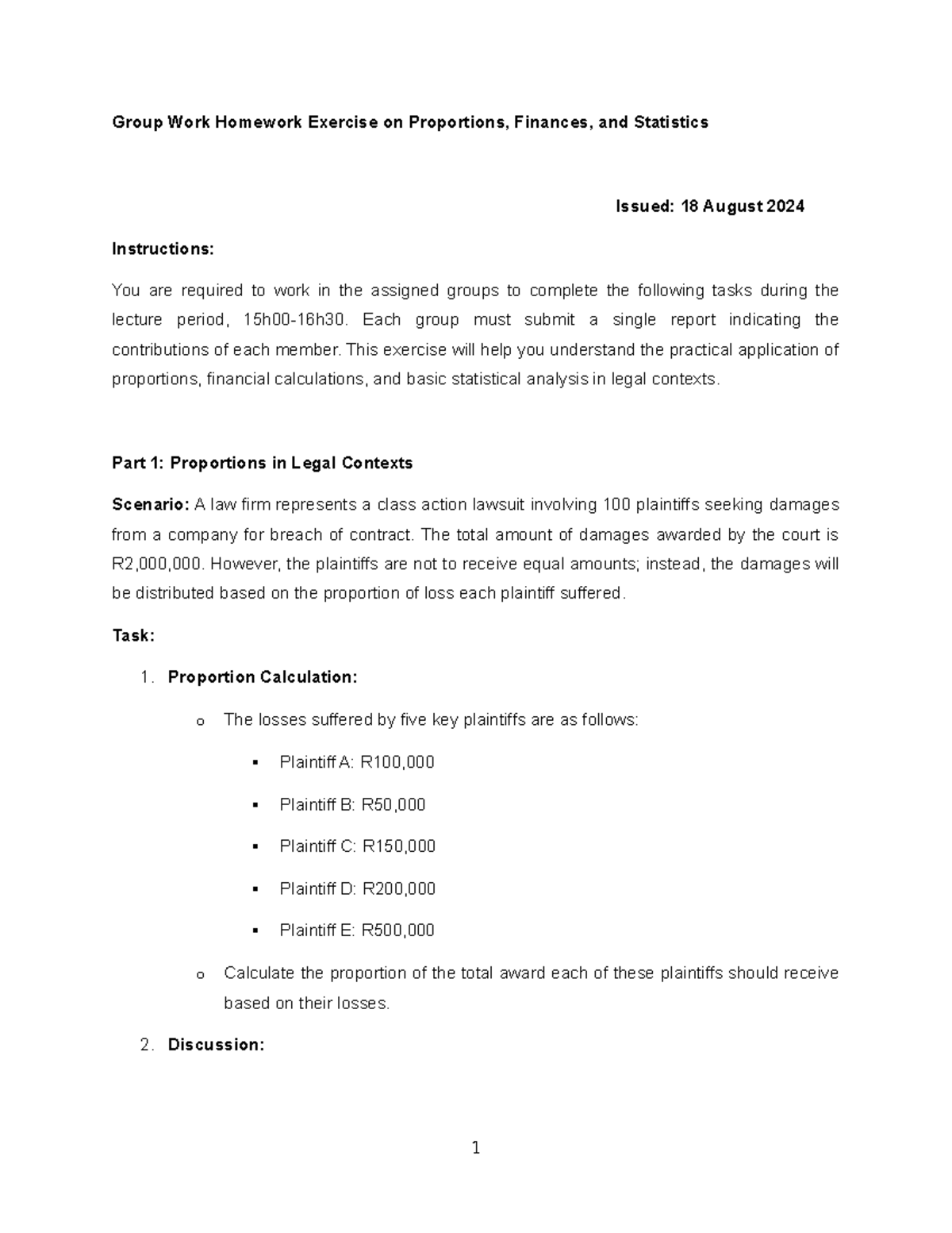 Group Work Homework Exercise on Proportions FInances & Statistics ...