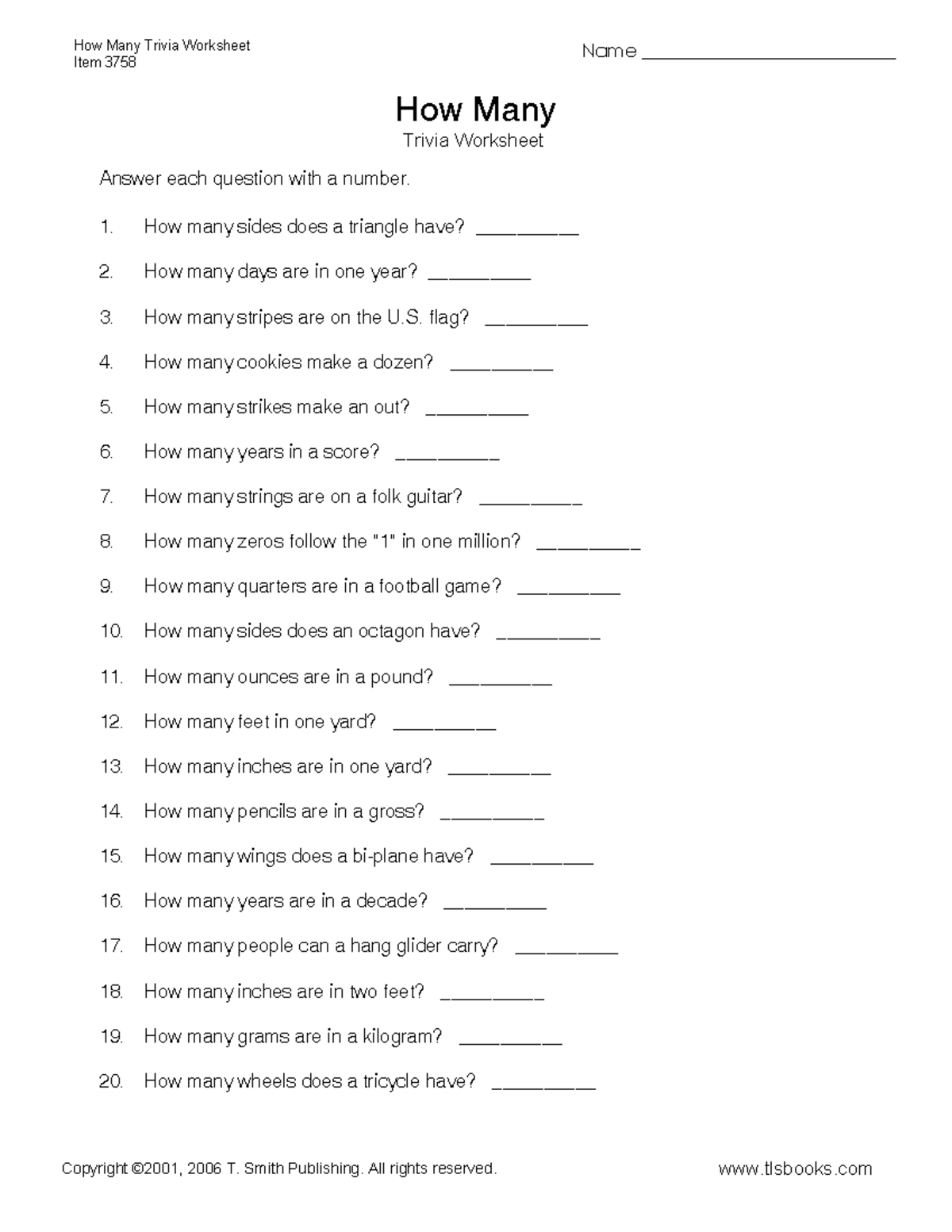 Howmanytrivia - HOW MANY TOPIC - How Many Trivia WorksheetItem 3758 ...