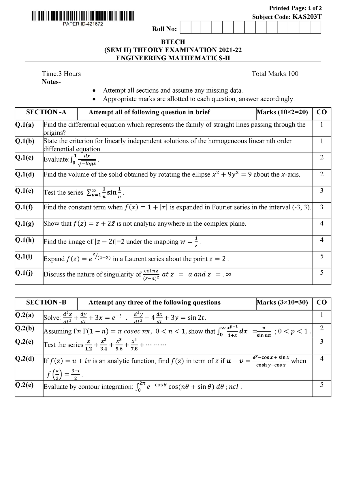 Btech 2 Sem Engineering Mathematics 2 Kas203t 2022 - Printed Page: 1 Of ...