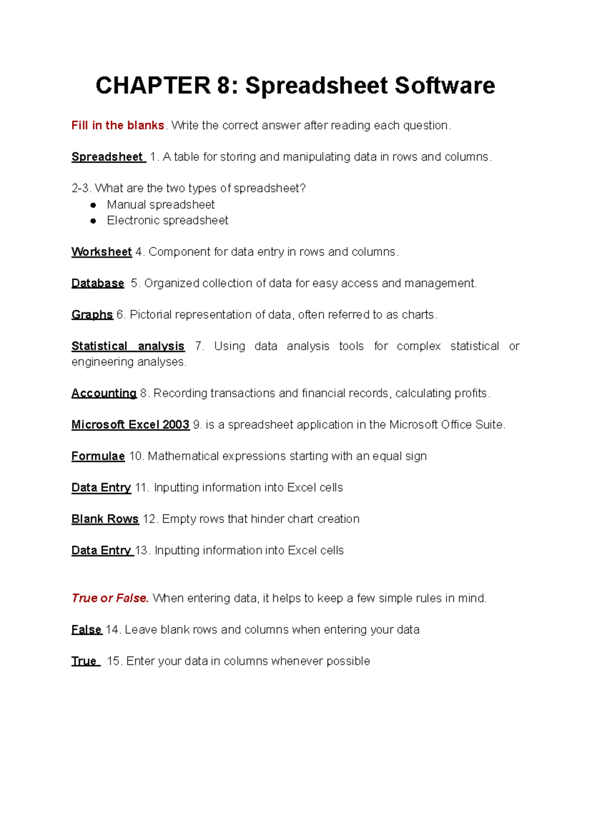 Lesson 8: Spreadsheet Software Notes Telecommunications and Networks ...