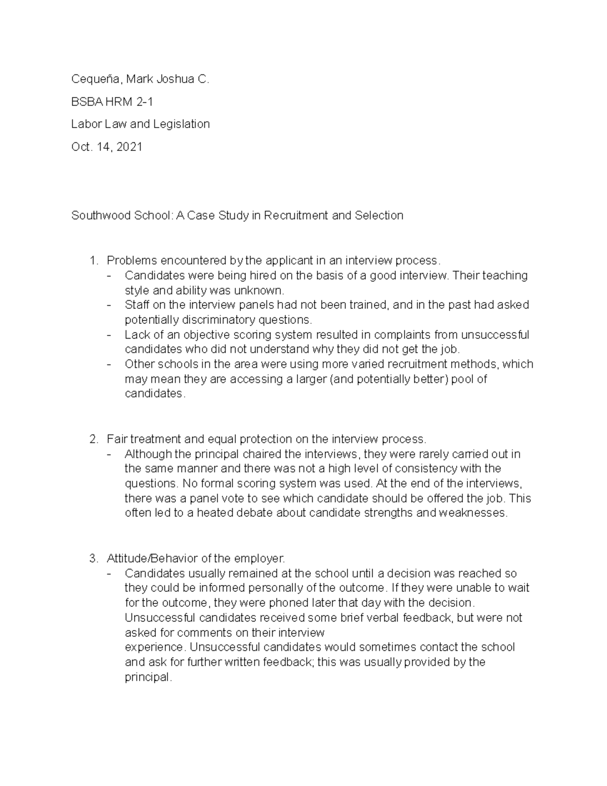 LBL HW #4 - Labor Law and Legislation - Bachelor of Science in Business ...