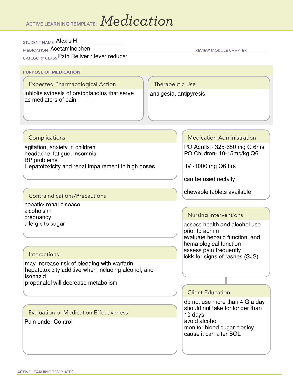 Acetaminophen med sheet Active Learning Template ATI ACTIVE LEARNING