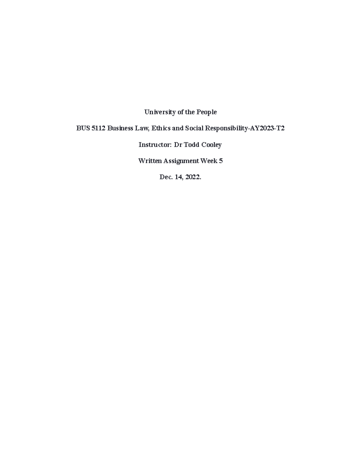 Written Assignment week 5 - University of the People BUS 5112 Business ...