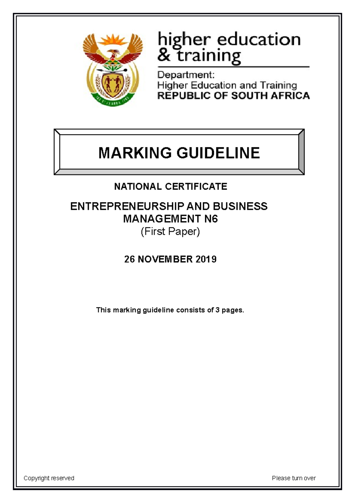 N480 Entrepreneurship AND Business Management N6 P1 NOV MEMO 2019